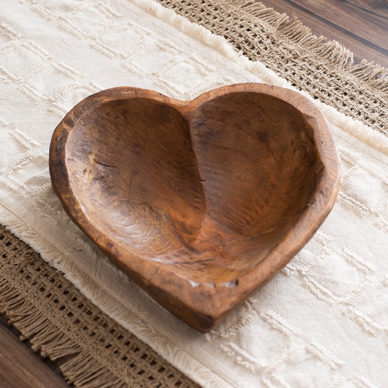 Hand Carved Spanish Oak Wood Heart Shaped Bowl 2 Size Options Small