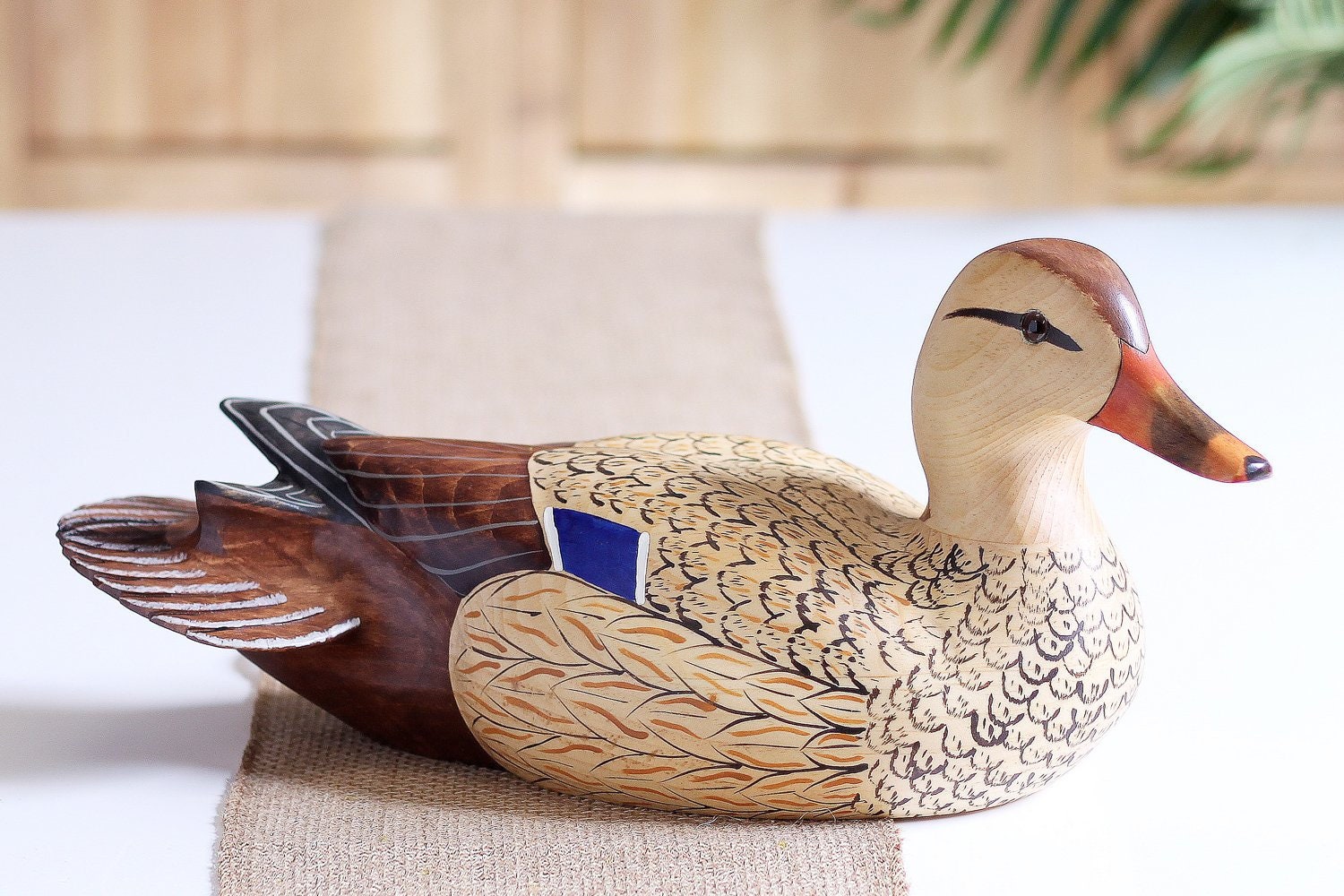 Leather Duck Pattern Hand Carved Mallard Drake & Hen Set Full Size Premier Wooden Decorative ...