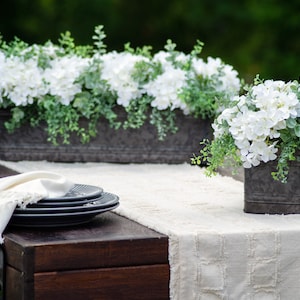 White Hydrangea & Mixed Eucalyptus Everyday Floral Arrangement Centerpiece in Metal Tin Window Planter Box - 3 Size Options