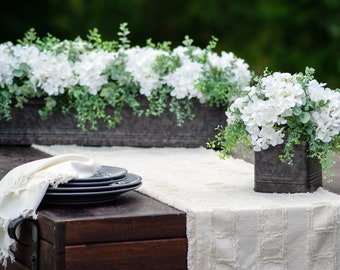 White Hydrangea & Mixed Eucalyptus Everyday Floral Arrangement Centerpiece in Metal Tin Window Planter Box - 3 Size Options