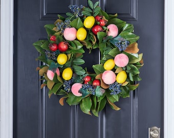 Real Touch Magnolia Fruit Wreath with Pomegranate, Lemon & Peach All Seasons Front Door Wreath