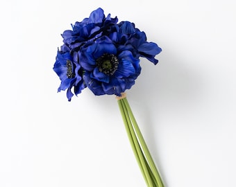 Cobalt Blue Silk Anemone Faux Floral Stem Bouquet Bundle of 6 Blooms