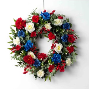 America The Beautiful - Red Peony, White Roses & Blue Hydrangea Fourth of July Everyday Front Door Wreath