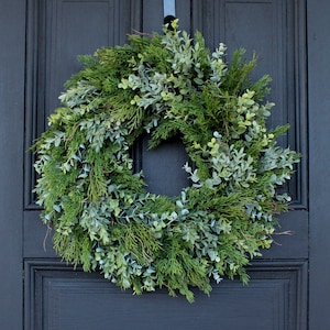 Real Touch Cedar, Eucalyptus & Boxwood Mixed Winter Greenery Front Door Wreath