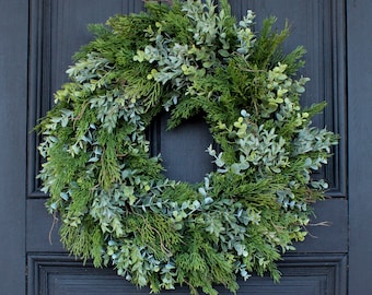 Real Touch Cedar, Eucalyptus & Boxwood Mixed Winter Greenery Front Door Wreath