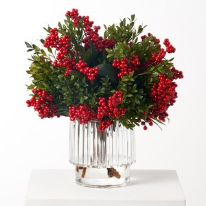 Realistic Boxwood & Red Winter Berry Bush i Rigidi Vase Holiday Christmas Arrangement image 1