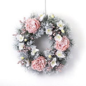 Snow Kissed Pink Peony, Metallic Tinsel Berry, White Hellebores & Flocked Pine Winter Valentine's Day Wreath image 3