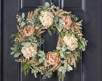 Pistachio Latte Hydrangea and Peony Front Door Wreath