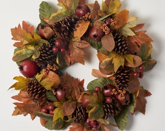Red Pomegranate, Faux Pinecone & Berry Fall Foliage Front Door Autumn Wreath