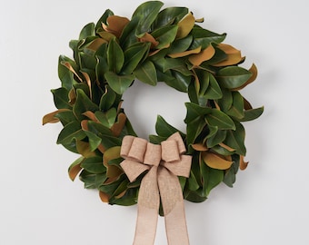 Classic Real Touch Magnolia Leaf All Seasons Front Door Wreath with Burlap Bow