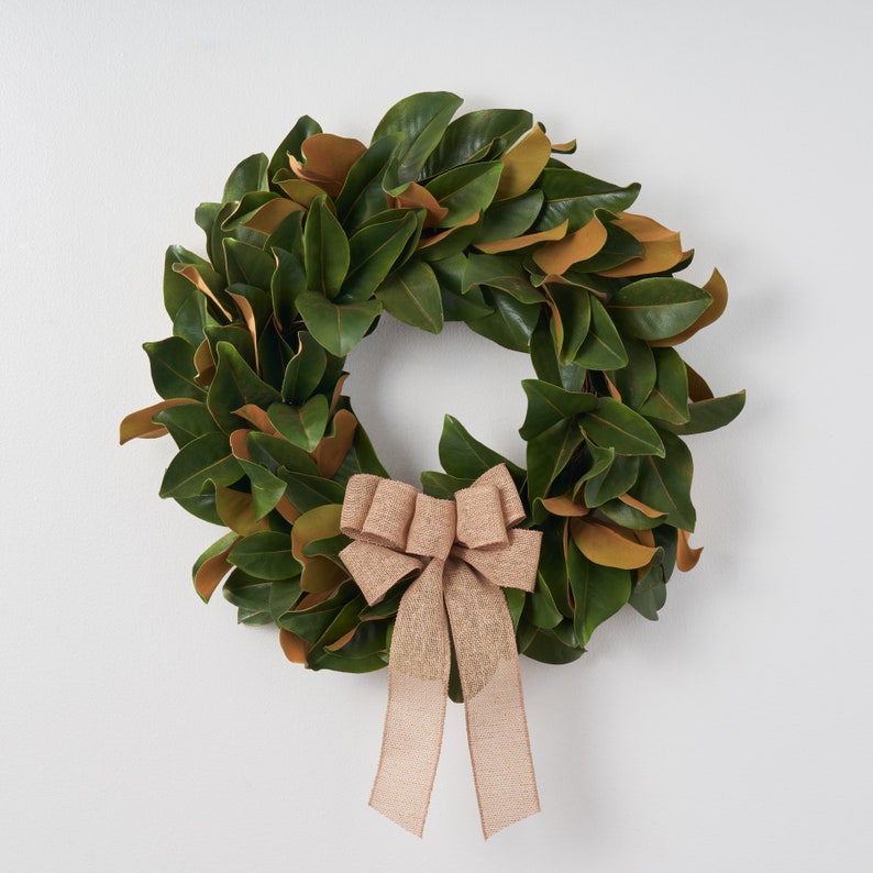 Classic Real Touch Magnolia Leaf All Seasons Front Door Wreath with Burlap Bow image 1