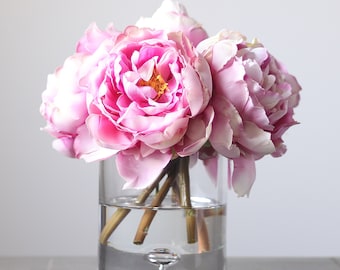 Pink Real Touch Peony Floral Arrangement in Clear Glass Vase