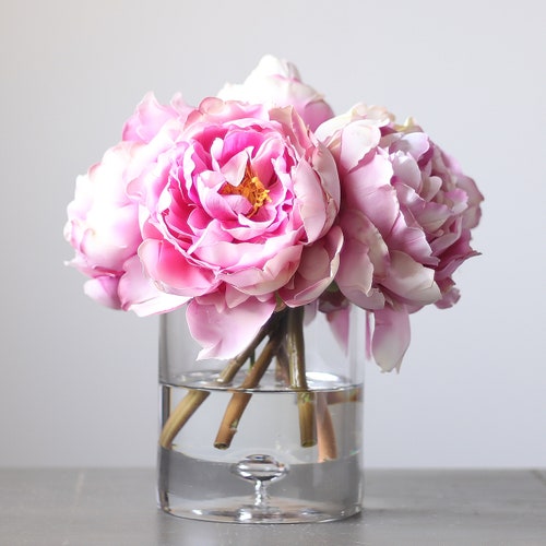 Cream and Blush Real Touch Peony Floral Arrangement in Glass Etsy