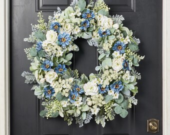 Tranquil Streams of Cosmos & Queen Anne's Lace with Mixed Green Foliage Spring Summer Front Door Wreath