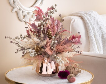 Pink Oak Leaf, Pampas Grass & Gold Berry Fall Floral Arrangement Centerpiece in Rose Gold Pot