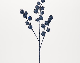 Waterproof Midnight Blue Glitter Berry Outdoor Holiday Stem Spray - 21"