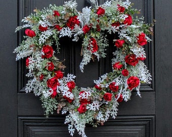 Winter's Romance Red Rose & Dusty Miller Heart Valentine Wreath