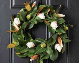 Classic Real Touch White Magnolia Bud All Seasons Front Door Wreath - 24"