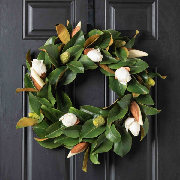 Classic Real Touch White Magnolia Bud All Seasons Front Door Wreath - 24"