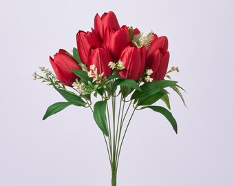 "Rote Seiden-Tulpenblüte & Blattstiel-Blumenstrauß-Kunstblumenspray - 19 ""