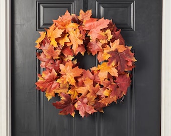 Red & Orange Autumnal Two-Tone Maple Leaf Classic Fall Front Door Mantle Wreath
