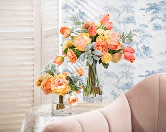 Sommer Sorbet - Orange Tulpe, Ranunkulus, Korallen Pfingstrose & Limonade Rose mit Lammohr echte Note Faux Floral Illusion Water Arrangement