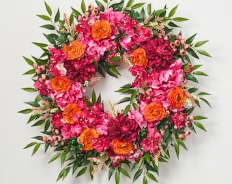 Beauté exotique - Couronne de dahlias, bougainvilliers et renoncules printemps-été