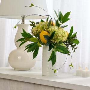 Amalfi Lemon & Leaf with Green Hydrangea in Tall White Cylinder Vase Everyday Greenery Centerpiece Arrangement
