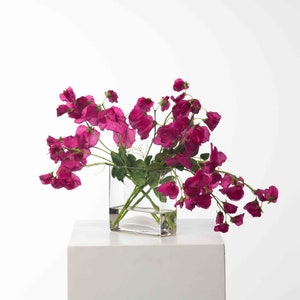 Lifelike Sweet Pea Vines Water Illusion Arrangement in Modern Glass Rectangle Vase