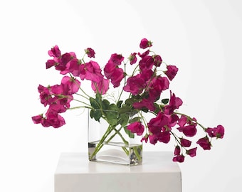 Lifelike Sweet Pea Vines Water Illusion Arrangement in Modern Glass Rectangle Vase