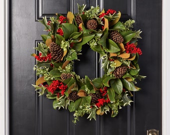 American Holiday - Magnolia, Holly, Red Berry & Pinecone Front Door Christmas Estate Wreath