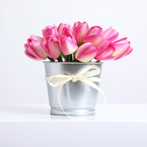 Mini Tulip Faux Floral Everyday Spring Arrangement Centerpiece in Metal Tin Fuchsia Mini Tulip