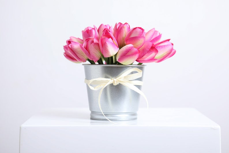 Mini Tulip Faux Floral Everyday Spring Arrangement Centerpiece in Metal Tin Fuchsia Mini Tulip