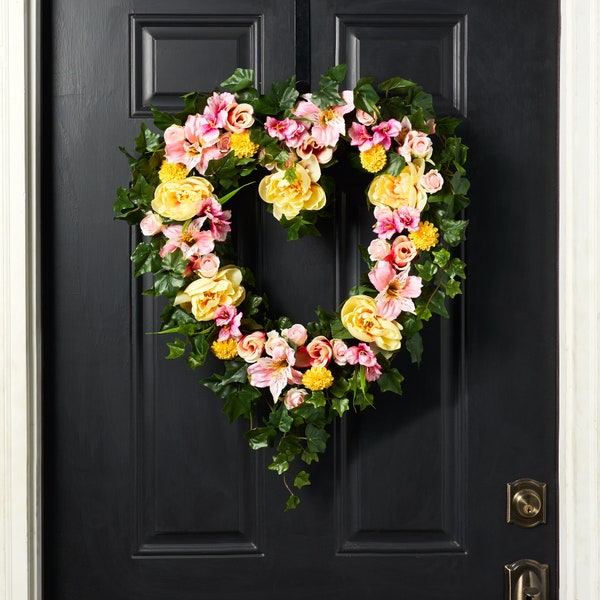 Heart Throb - Yellow Peony & Pink Ombre Rose Spring Summer Valentine's Day Wreath