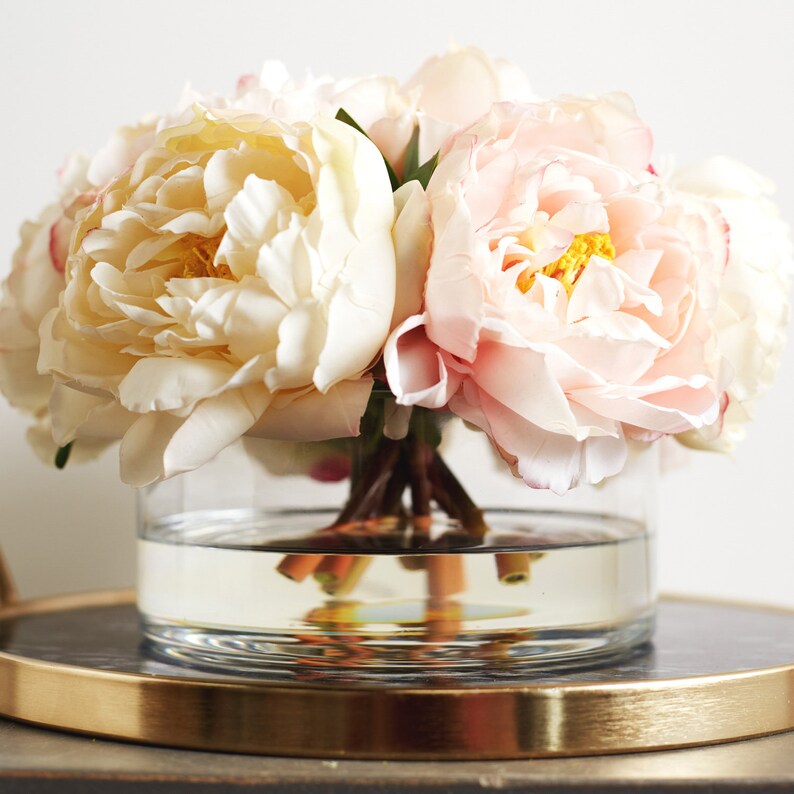 Cream and Blush Real Touch Peony Floral Arrangement in Glass Etsy