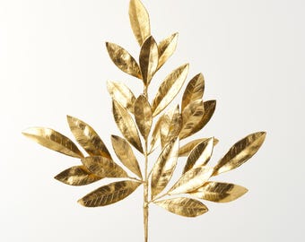 Golden Faux Botanical Bay Leaf Spray Stem - 19"
