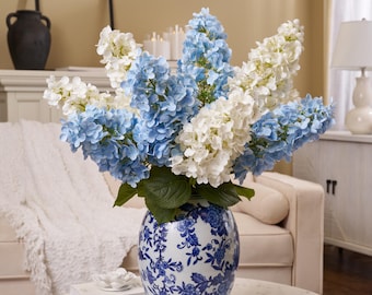 Handcrafted White & Blue Hydrangea Centerpiece – Chinoiserie Vase