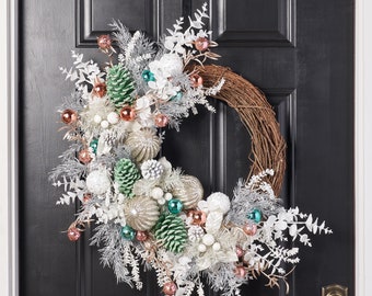 Silver and Gold Mixed Metallic Modern Front Door Christmas Wreath with Champagne Cedar, Pinecones & Ornaments