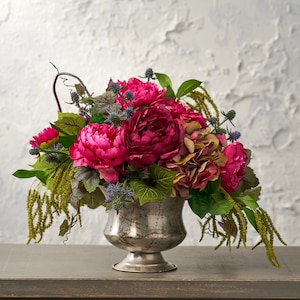 In Full Bloom - Magenta Garden of Peony, Hydrangea & Zinnia Spring Summer Floral Arrangement in Antiqued Silverstone Urn