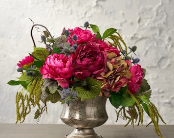 In Full Bloom - Magenta Garden of Peony, Hydrangea & Zinnia Spring Summer Floral Arrangement in Antiqued Silverstone Urn