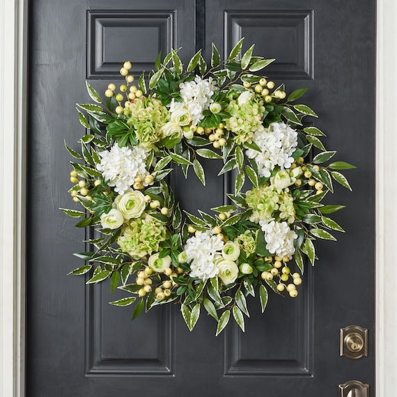 Cream & Green Hydrangea, Ranunculus, Berry Spring Summer Front Door Wreath