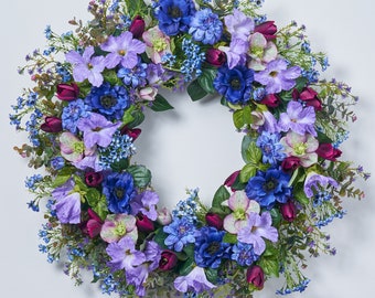 Indigo Dreamer - Mixed Blue & Purple Faux Floral Spring Summer Front Door Wreath