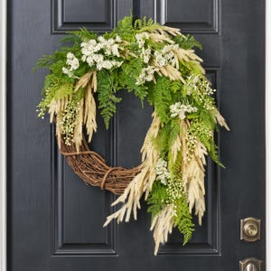 Fern Queen - Draping Green Fern, Beige Norfolk & Queen Anne&#39;s Lace Greenery Asymmetrical Everyday Spring Front Door Wreath