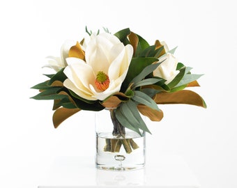 Real Touch White Magnolia & Eucalyptus Arrangement in Glass Cylinder Vase