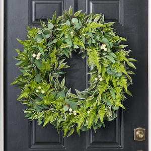 Echte touch zilveren dollar eucalyptus, bonte smilax en bostonfern Alledaags groen voordeurkrans