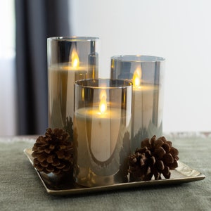 Moving Flameless LED Smokey Glass Pillar Candles with Remote- Set of 3