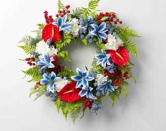 Tropical Fireworks - Blue Tiger Lily, Red Anthurium & White Hydrangea Summer Fern Patriotic Americana Wreath