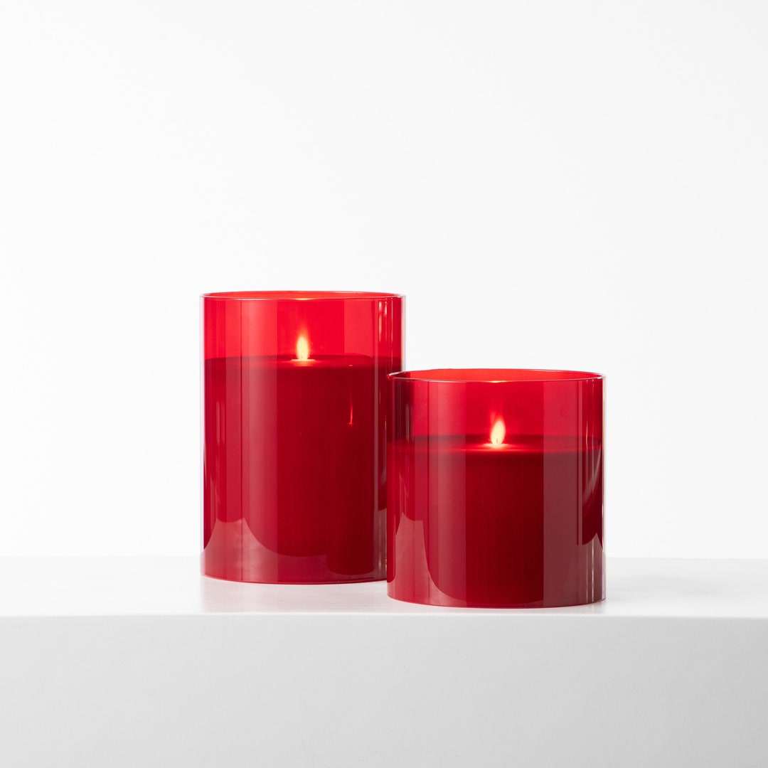 Large Moving Flameless LED Red Glass Pillar Candles With Remote - 3 ...