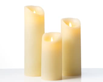 Tall Moving Flameless LED Cream Pillar Candles with Remote - Set of 3