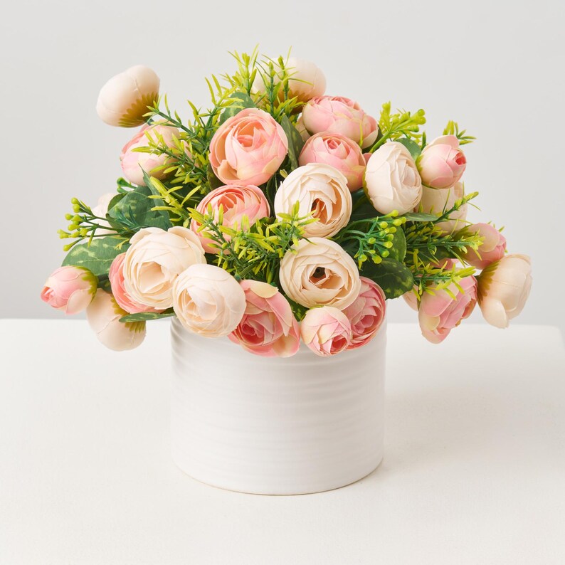 Light Blush Ranunculus Mixed Pink & Blush Mini Ranunculus Blooms in Textured White Cylinder ...